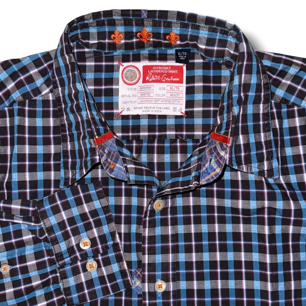 Robert Graham Mens XL Multi Color Plaid Embroidered Cotton Button Down Shirt